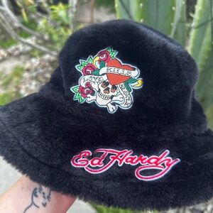 Women’s Ed Hardy Black Faux Fur Bucket Hat O/S
